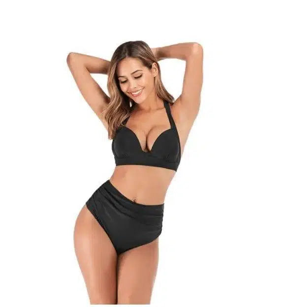 Printed High-waisted Two-piece Swimsuit-Black-16