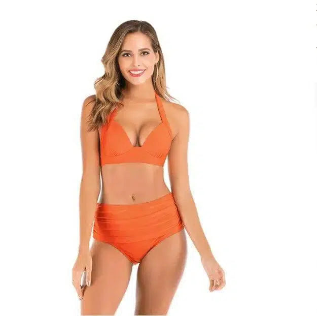 Printed High-waisted Two-piece Swimsuit-Orange-5