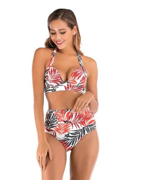 Printed High-waisted Two-piece Swimsuit-Redmapleleaf-9