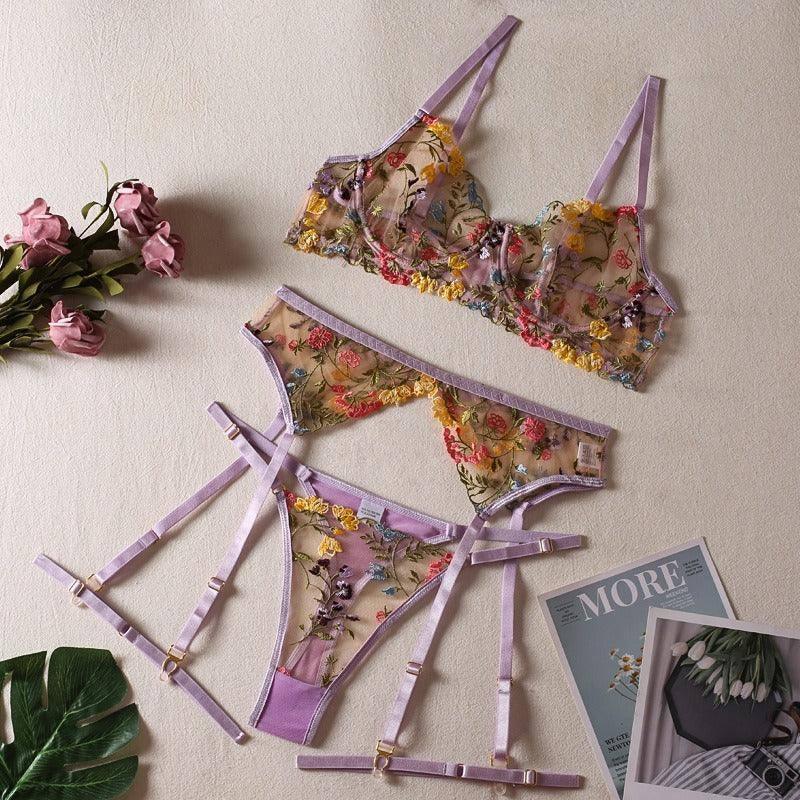 Sexy See-Through Yellow Garden Floral Bra Garter Belt Thong-Purple-8