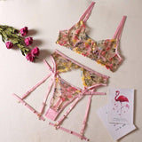 Sexy See-Through Yellow Garden Floral Bra Garter Belt Thong-Pink-9