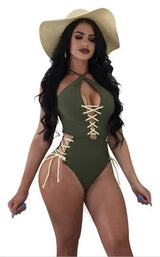 Sexy Solid Color Lace One-piece Bikini-Green-3