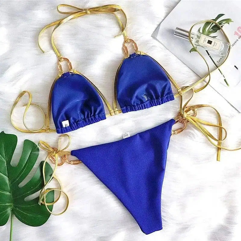 strapless bikini with golden straps-Blue-2