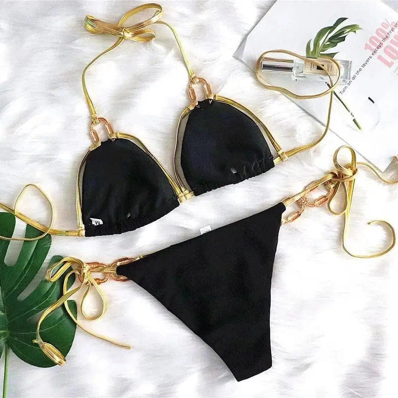 strapless bikini with golden straps-Black-3