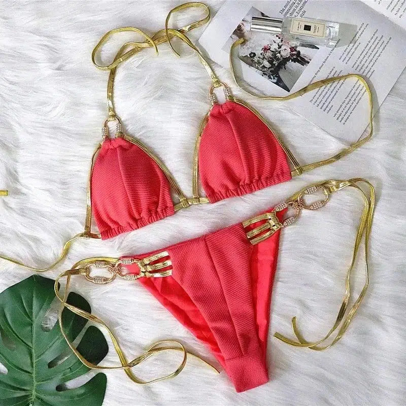 strapless bikini with golden straps-Coralred-5