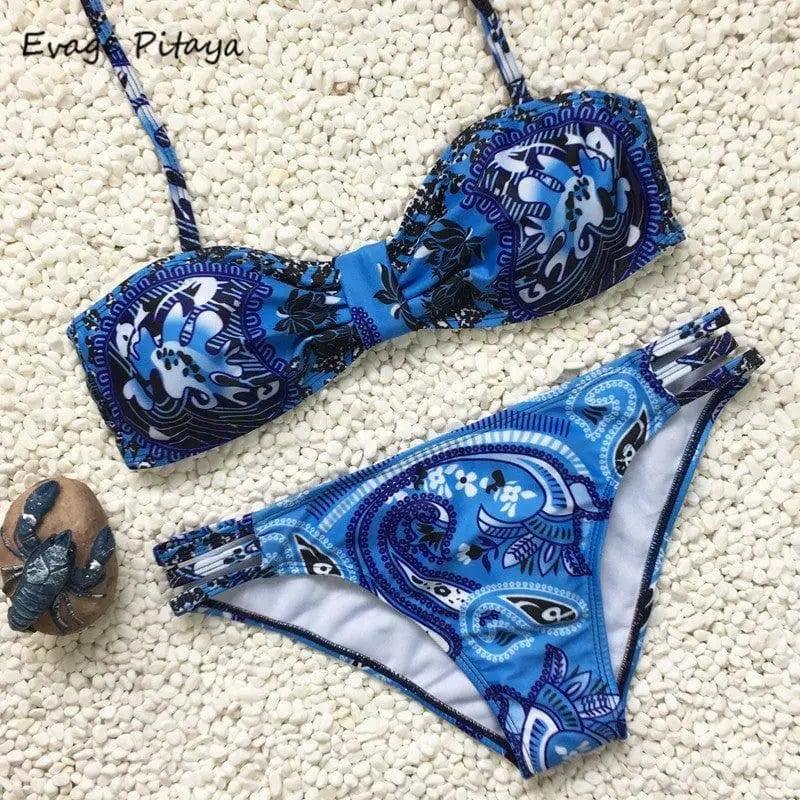 white bikini blue bandeau print bikini halter Swimsuit-2