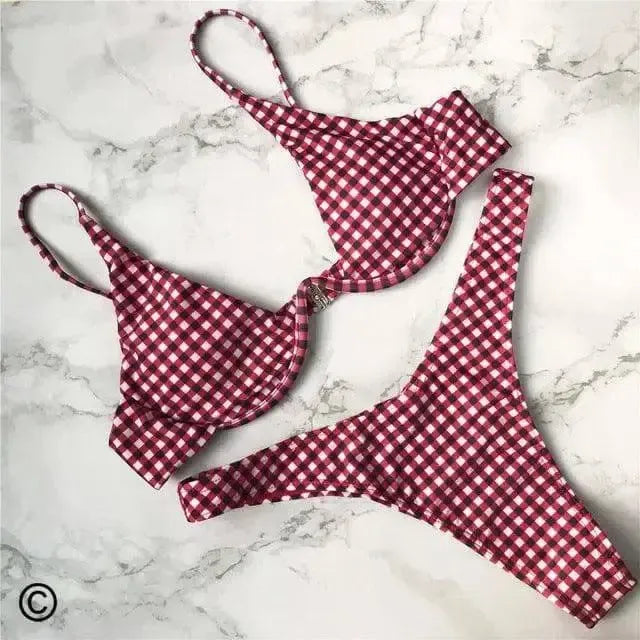 Women Bikini Beachwear Push-up Swimwear Swimwear-Redplaid-2