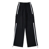 Side Stripe Stitching Women's Drawstring Pocket Casual Pants-Black-6