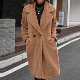 Single-breasted Mid-plush Trench Coat Loose-collar Lambswool-Khaki-6