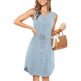 Sleeveless V-neck Buttoned Dress With Pockets Fashion Casual-Blue-7