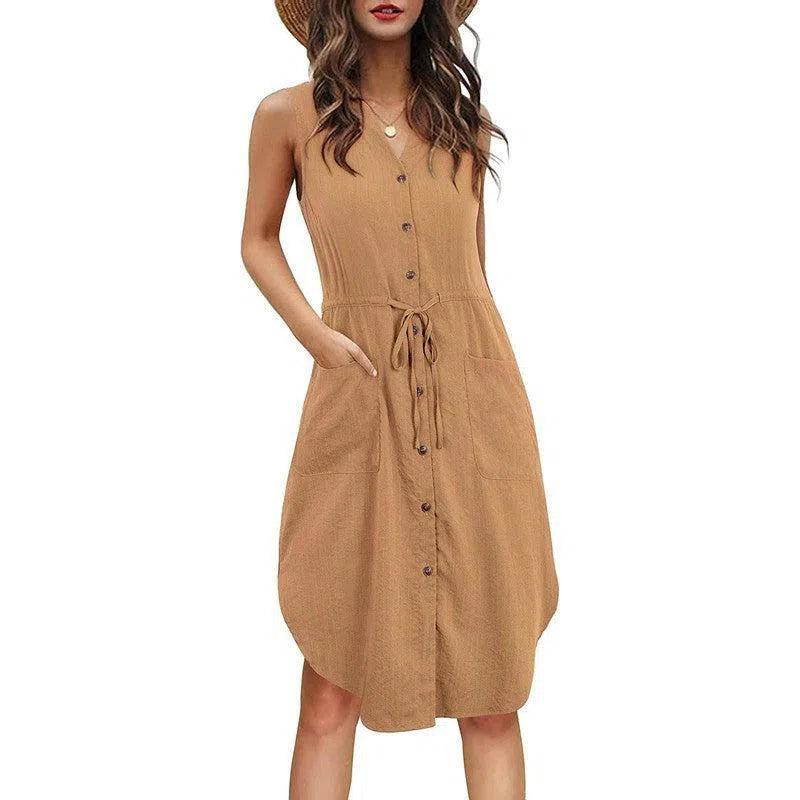 Sleeveless V-neck Buttoned Dress With Pockets Fashion Casual Waist Tie Design Summer Dress Womens Clothing-Khaki-9