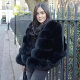 Slim short faux fox fur coat-Black-1