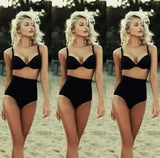 Solid color bikini swimsuit sexy black retro high waist-Black-1