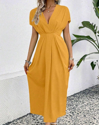 Solid Color Deep V Shoulder Sleeve Folding Elastic Waist-Yellow-8