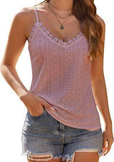 Solid Color Hollow Lace Strappy T-shirt-Pink-4