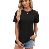 Solid Color Round Neck Top Women's Lace Hollow Design Short-Black-9