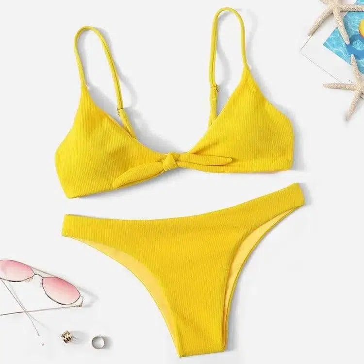 Solid color triangle split bikini-Yellow-2