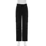 Solid Color Waist Cuff Lace Loose Cargo Pocket Lounge Pants-4