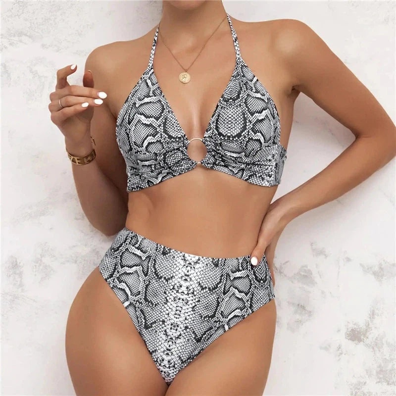 Split High Waist Snake Bikini Swimsuit-S-1