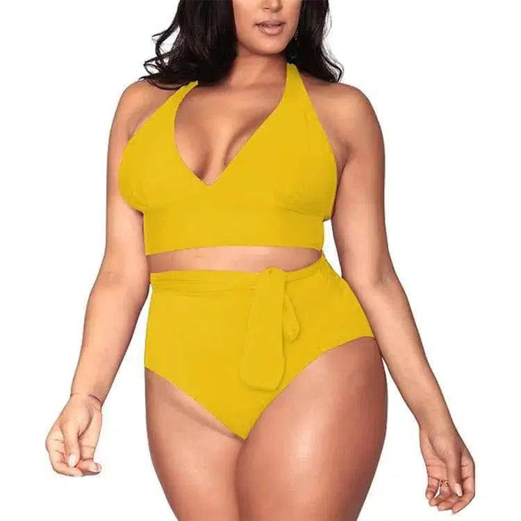 Split large size straps bikini multi-rope belt deep V-Yellow-2