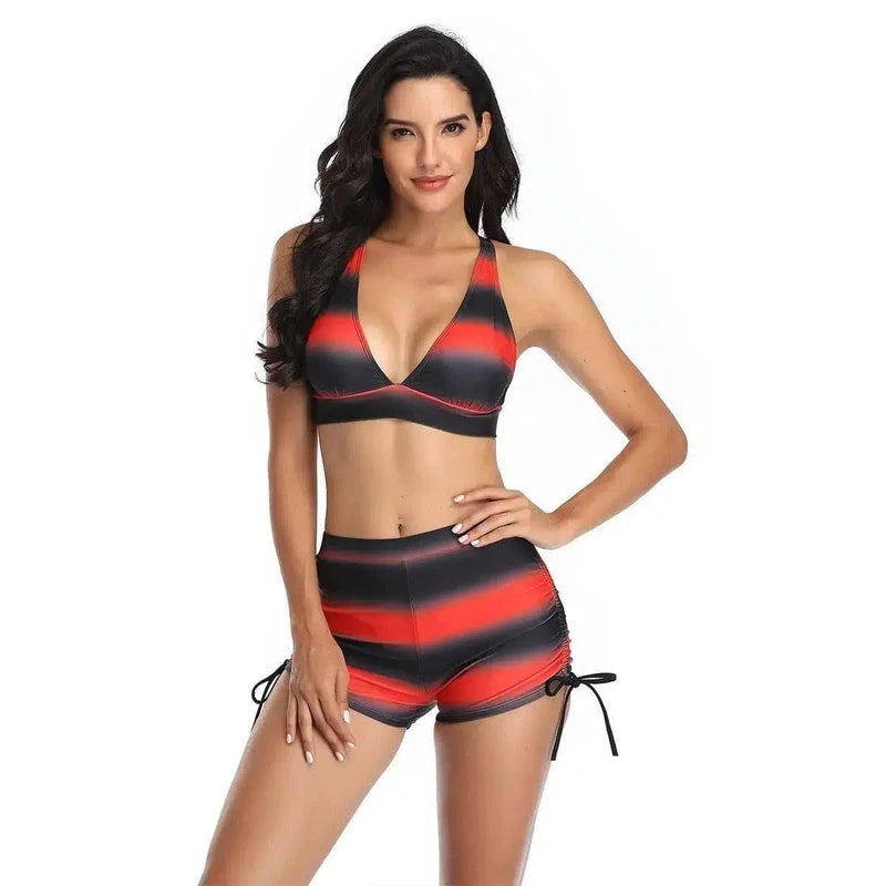 Split Striped Bikini Bijini Female Swimwear-Red-2