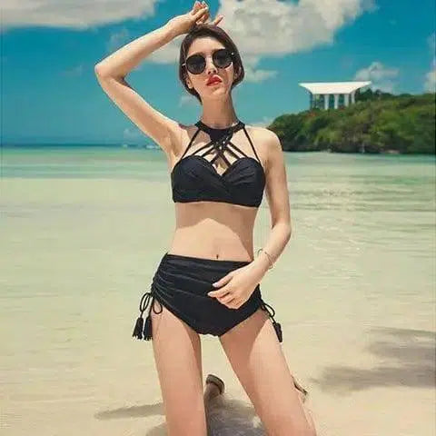 Split swimsuit female bikini small chest conservative-Black-1
