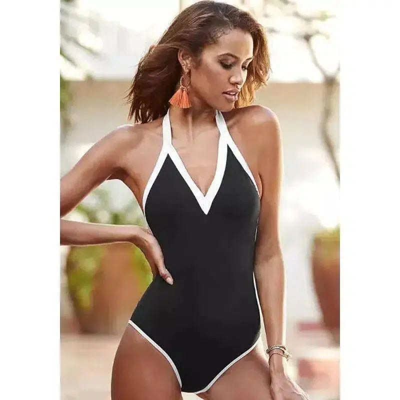 Striped V-Neck Bikini Backless One Piece-2