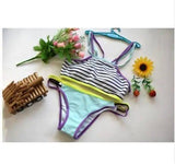 Stripped High Neck Patchwork Bikini Set Swimsuit Bathing-1