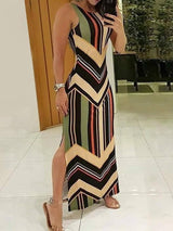 Colorful Striped Print Side Slit Maxi Dress Women-2