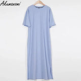 Oversized Long Summer Plus Size Women Slit Dresses 6xl 7xl 8xl 9xl 10xl Cotton Loose Casual Maxi Harajuku Za Boho Dress Black-6