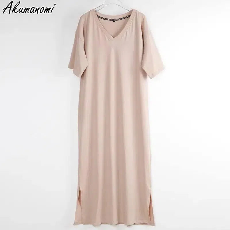 Oversized V Neck Plus Size Women Maxi Dress 4xl 5xl 6xl 7xl 8xl 9xl 10xl Summer Casual Loose Long Korean Harajuku Boho Dresses-Khaki-2