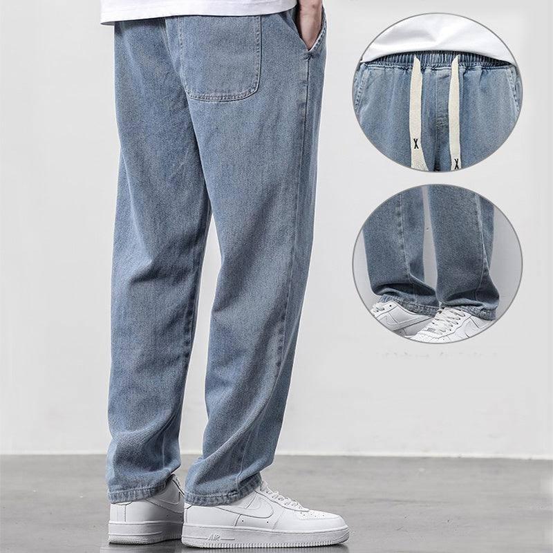 Summer Loose Wide Leg Jeans Pants Men Fashion Drawstring Resistance To 030 Gray / 5XL-3