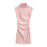 Summer New Slim Sleeveless Tight Half Turtleneck Dress Women-Pink-9