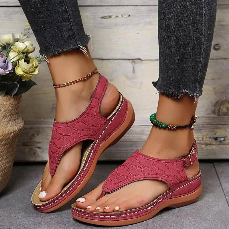 Summer Oxford Women Sandals Flats Slippers Pu Leather Flip-Red-A1-1