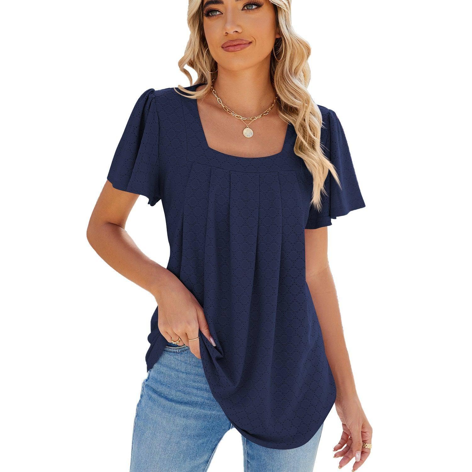 Summer Square Neck Pleated Short-sleeved T-shirt Loose Solid-Navy Blue-8