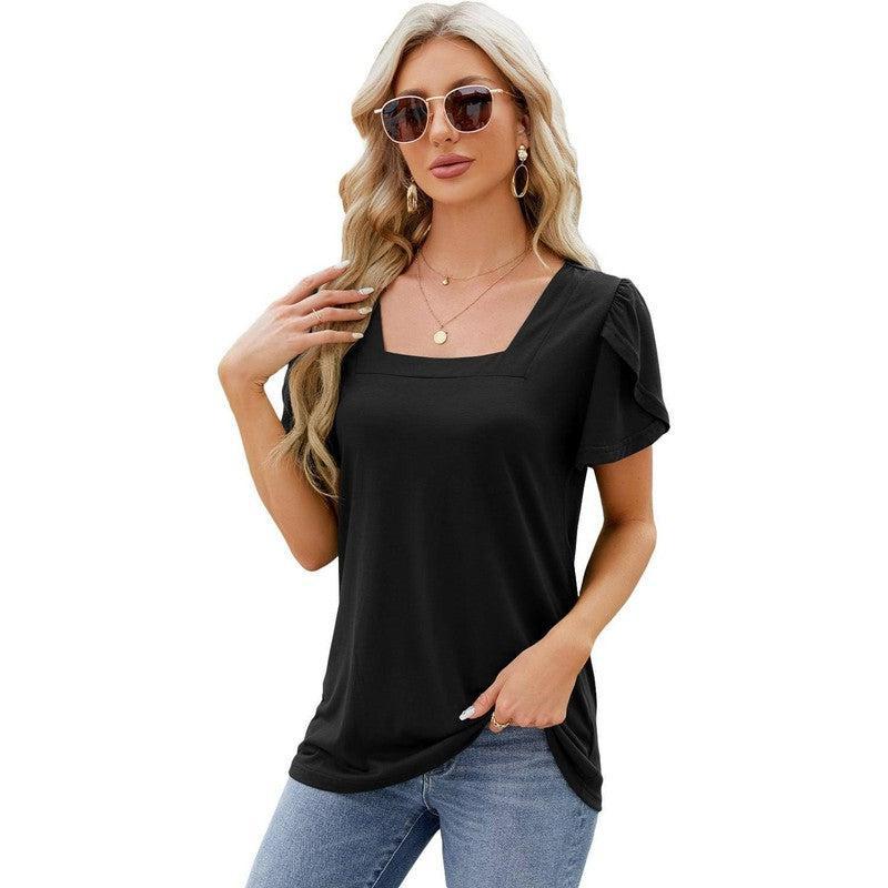 Summer Top Fashion Square Neck Printed Short-sleeved T-shirt With Petal Sleeve Design Bohemian Beach Loose T-shirt For Womens Clothing-Black-11