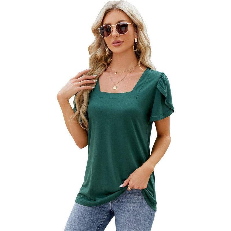 Summer Top Fashion Square Neck Printed Short-sleeved T-shirt With Petal Sleeve Design Bohemian Beach Loose T-shirt For Womens Clothing-Dark Green-14