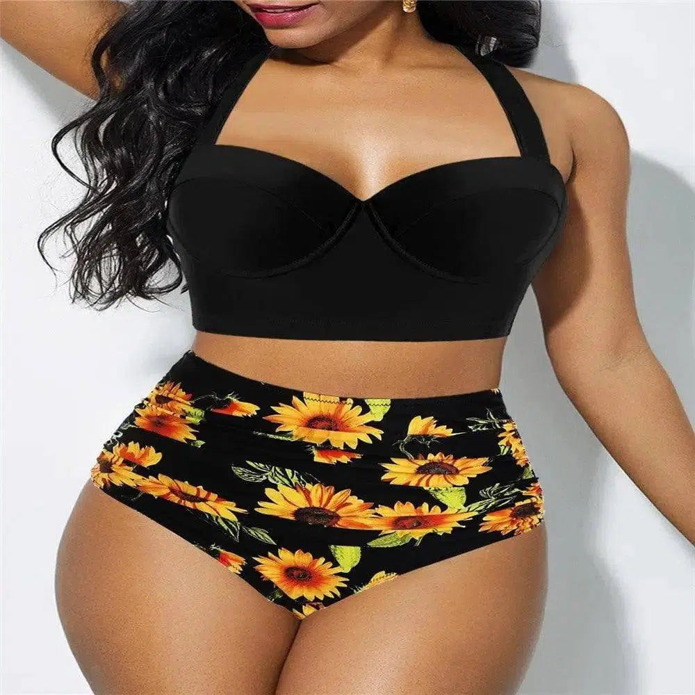 Sunflower print bikini set-Black-4