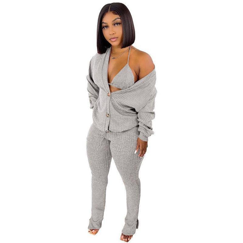 Sweater Coat Underwear Pocket 3-piece Set Suit-Light Gray-12