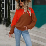 Sweater Color Matching Batwing Shirt Pullover Round Neck-Brown-12