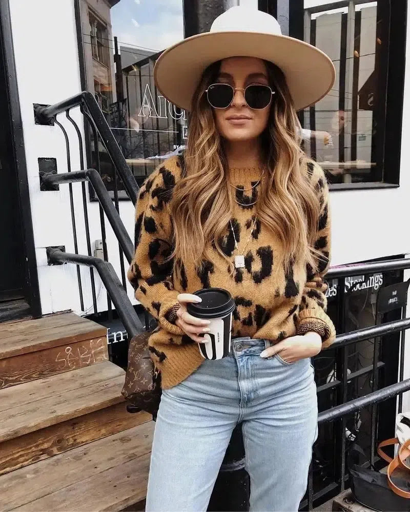 Sweater Sweater Knit Sweater Leopard Print Sweater Women-Brown-5