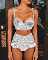 Swimsuit Split Polka Dot High Waist Underwire Lace Bikini-White-3