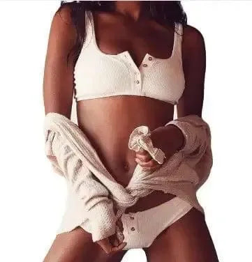 Swimwear Women buttons Bikini Set Solid Swimsuit Push-White-3