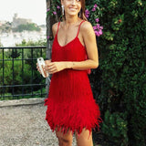 Tassel Stitching Feather Sequins Dress-Red-8