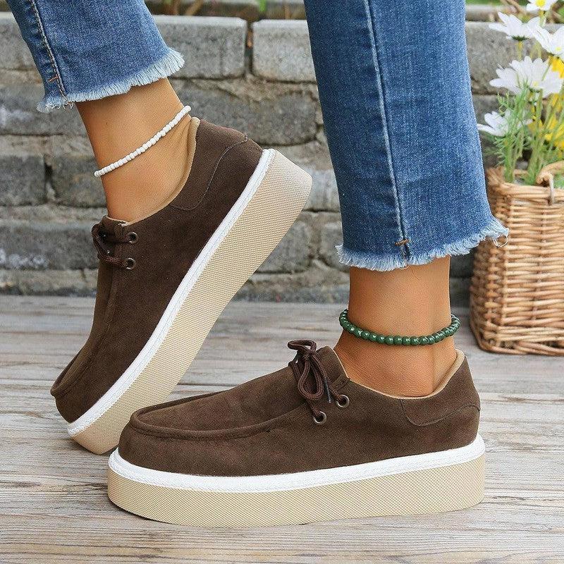 New Thick Bottom Lace-up Flats Women Solid Color Casual Fashion Lightweight Walking Sports Shoes-Dark Brown-4