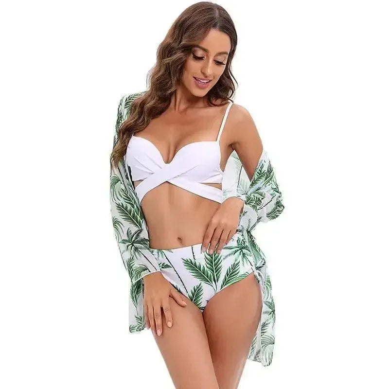 Three Piece Bikini Swimsuit Shawl Split Swimsuit High-Greenleaves-6