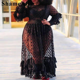 Plus Size Night Club Dress 4XL Women Long Sleeve Dresses Elastic High Waist Black White Lace Dress-1