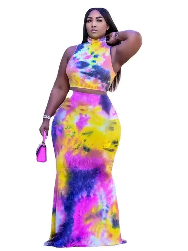 XL-5XL Plus Size Sets Women Clothing Summer 2022 Tie Dye Sleeveless Top And Long Skirt 2 Two piece set dress suit Wholesale-3