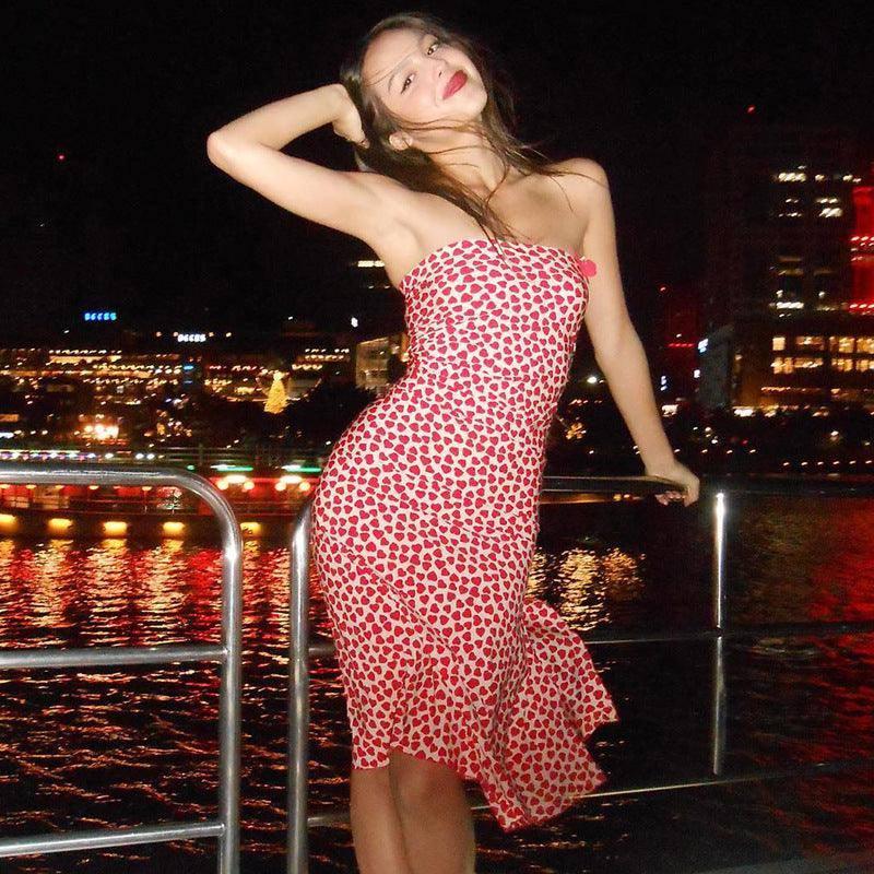 Tube Top Stitching Bow Irregular Slit Floral Dress-2