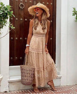 V-neck Lace-trimmed Multicolor Dress Long Skirt-Apricot-4